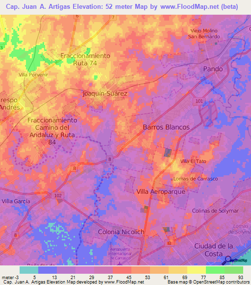 Cap. Juan A. Artigas,Uruguay Elevation Map