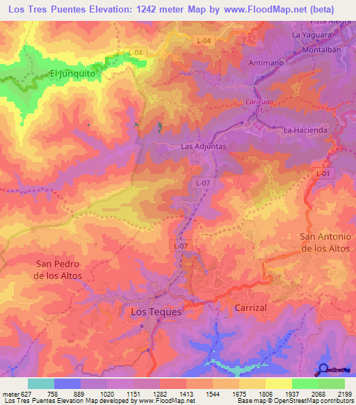 Los Tres Puentes,Venezuela Elevation Map