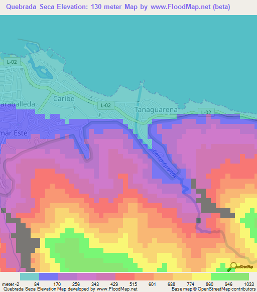 Quebrada Seca,Venezuela Elevation Map