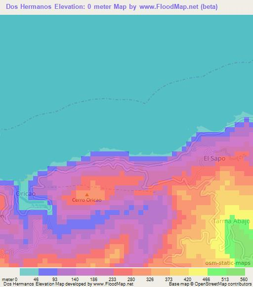 Dos Hermanos,Venezuela Elevation Map