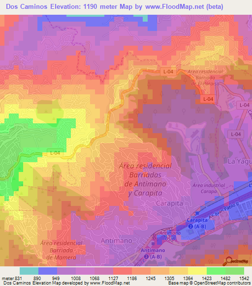 Dos Caminos,Venezuela Elevation Map