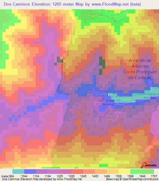Dos Caminos,Venezuela Elevation Map