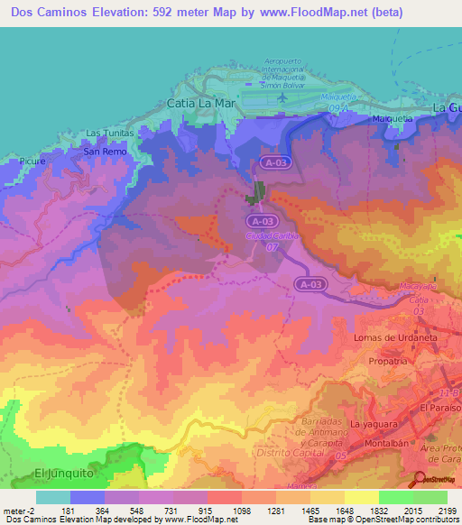 Dos Caminos,Venezuela Elevation Map