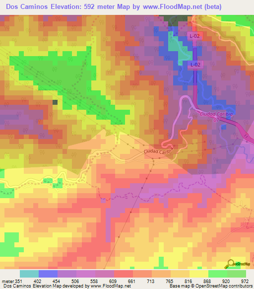 Dos Caminos,Venezuela Elevation Map