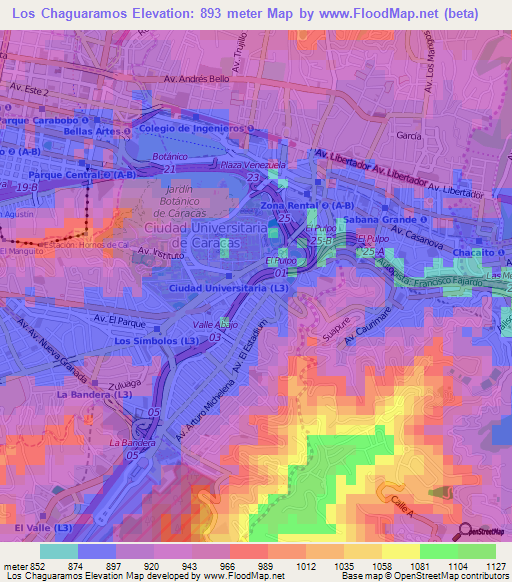Los Chaguaramos,Venezuela Elevation Map