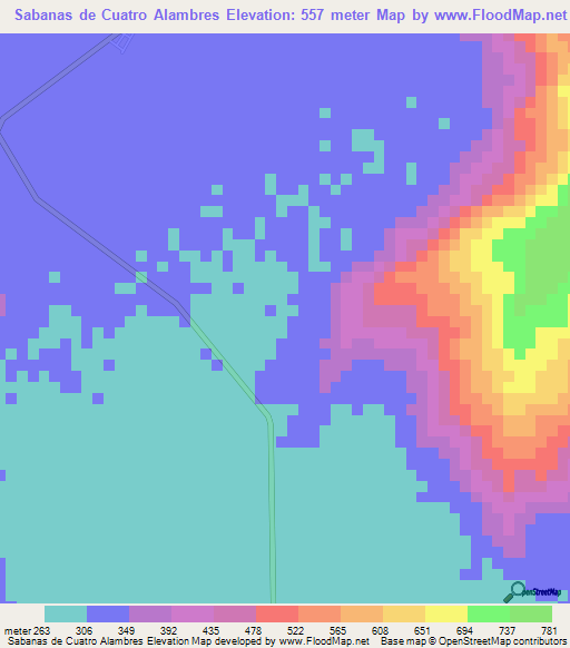 Sabanas de Cuatro Alambres,Venezuela Elevation Map