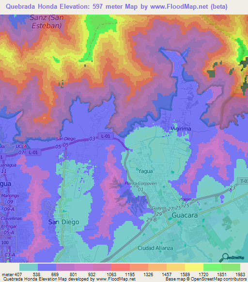 Quebrada Honda,Venezuela Elevation Map