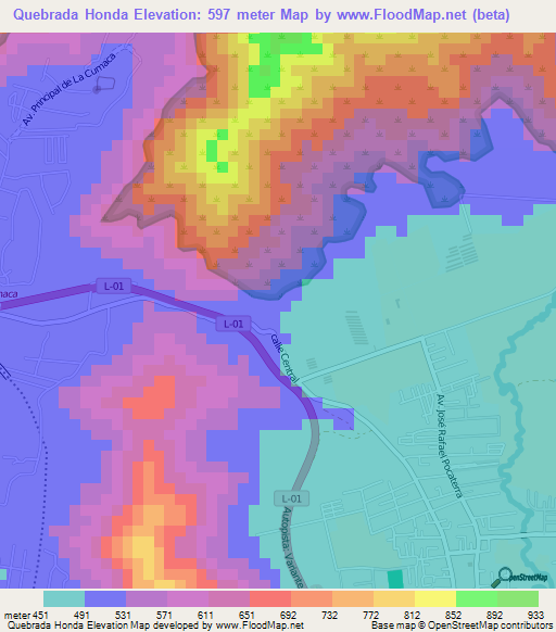 Quebrada Honda,Venezuela Elevation Map