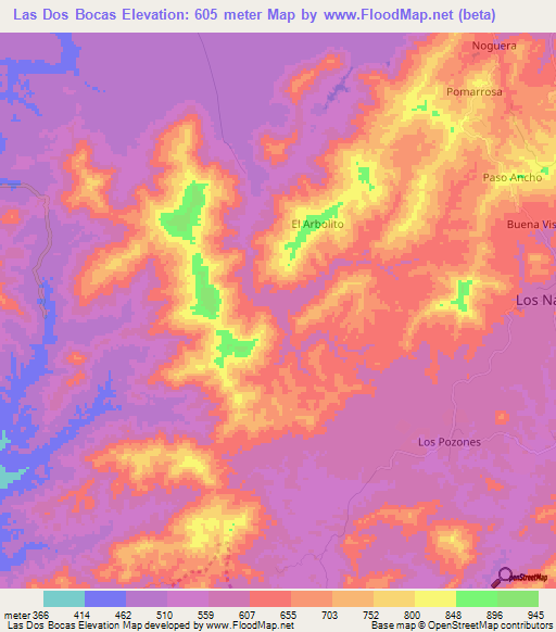 Las Dos Bocas,Venezuela Elevation Map
