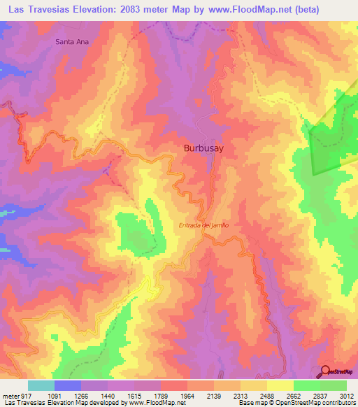 Las Travesias,Venezuela Elevation Map