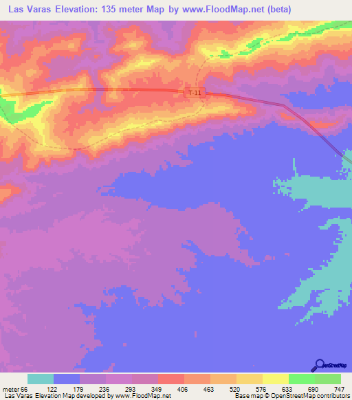 Las Varas,Venezuela Elevation Map