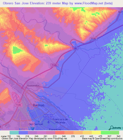 Obrero San Jose,Venezuela Elevation Map