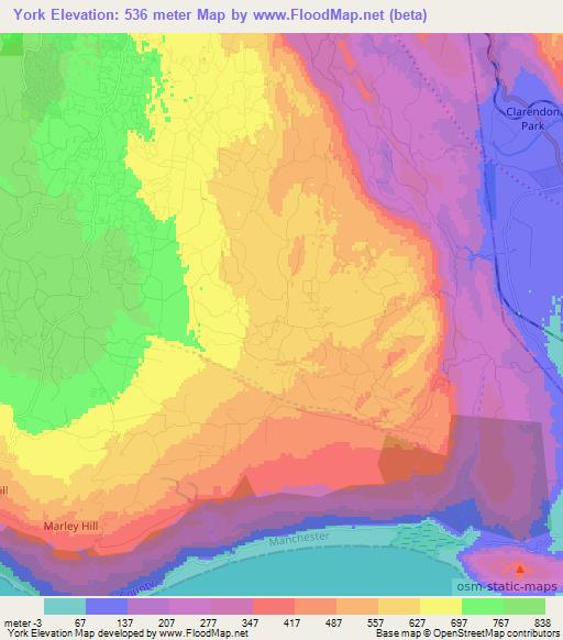 York,Jamaica Elevation Map