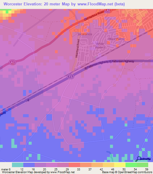 Worcester,Jamaica Elevation Map