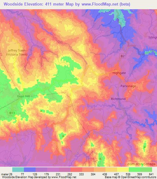 Woodside,Jamaica Elevation Map