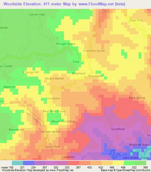 Woodside,Jamaica Elevation Map