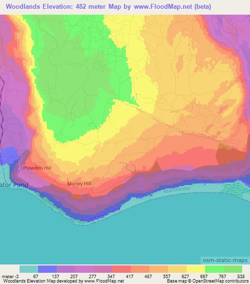Woodlands,Jamaica Elevation Map