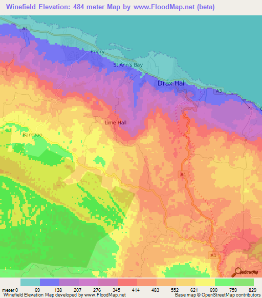 Winefield,Jamaica Elevation Map