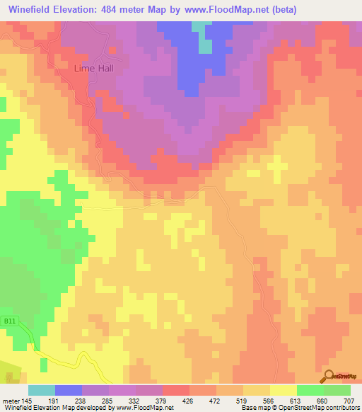 Winefield,Jamaica Elevation Map