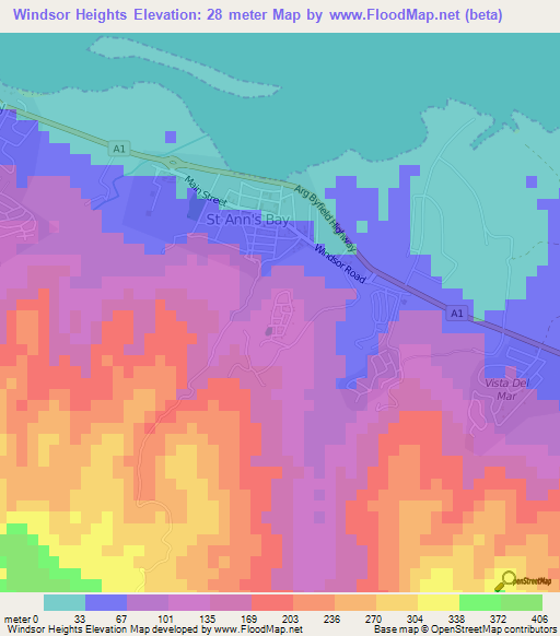 Windsor Heights,Jamaica Elevation Map