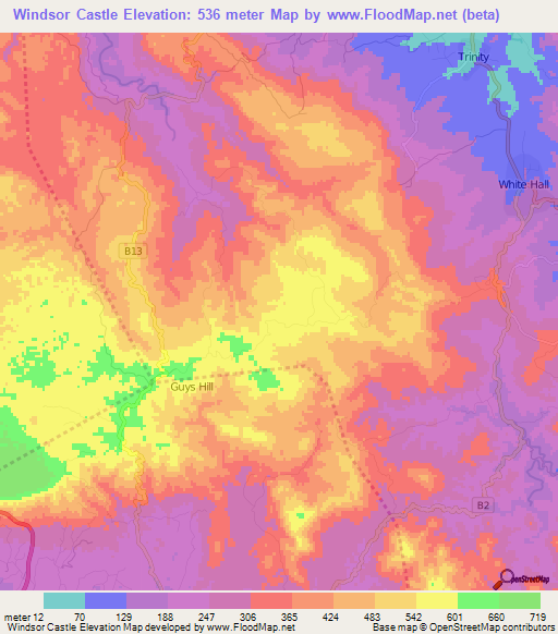 Windsor Castle,Jamaica Elevation Map