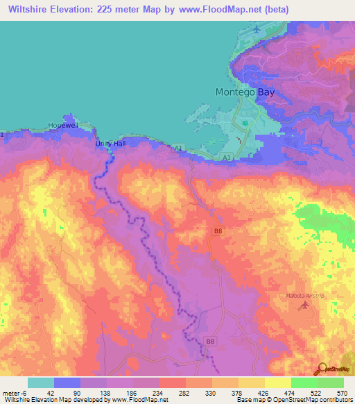 Wiltshire,Jamaica Elevation Map