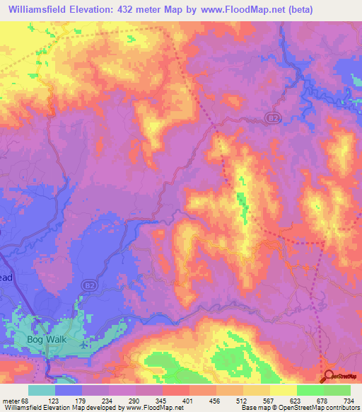 Williamsfield,Jamaica Elevation Map