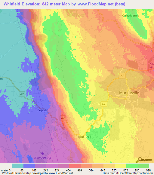 Whitfield,Jamaica Elevation Map