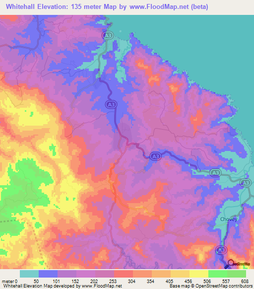 Whitehall,Jamaica Elevation Map