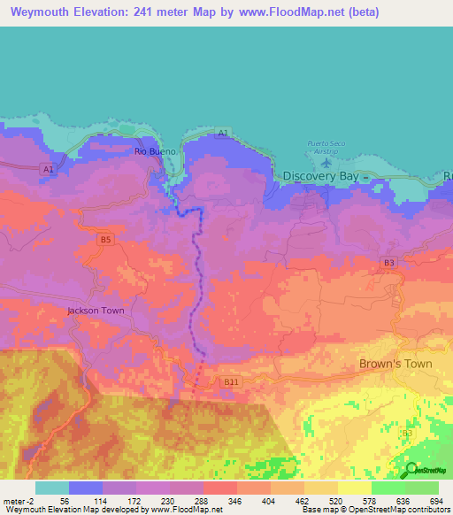 Weymouth,Jamaica Elevation Map