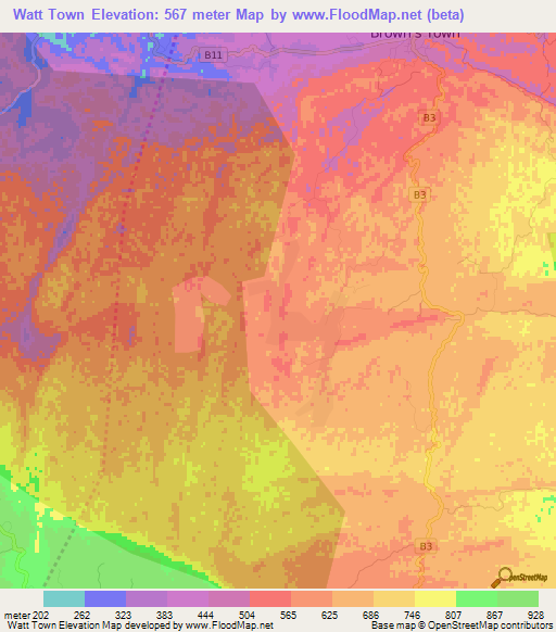 Watt Town,Jamaica Elevation Map