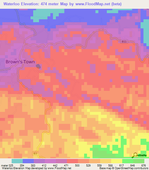 Waterloo,Jamaica Elevation Map
