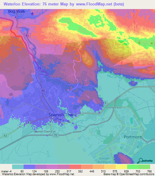 Waterloo,Jamaica Elevation Map
