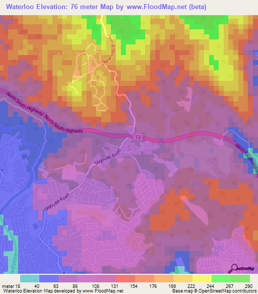 Waterloo,Jamaica Elevation Map