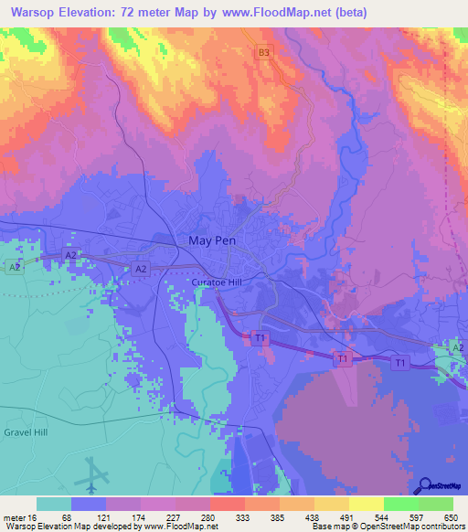 Warsop,Jamaica Elevation Map