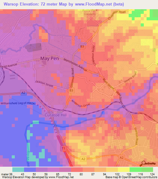 Warsop,Jamaica Elevation Map