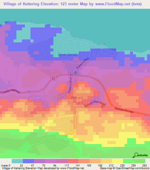 Village of Kettering,Jamaica Elevation Map