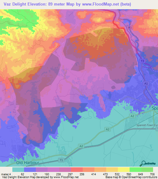 Vaz Delight,Jamaica Elevation Map
