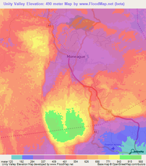 Unity Valley,Jamaica Elevation Map