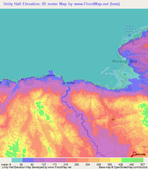 Unity Hall,Jamaica Elevation Map