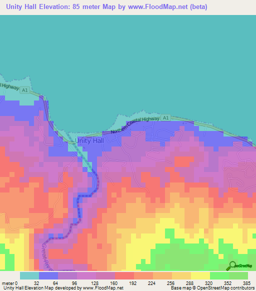 Unity Hall,Jamaica Elevation Map