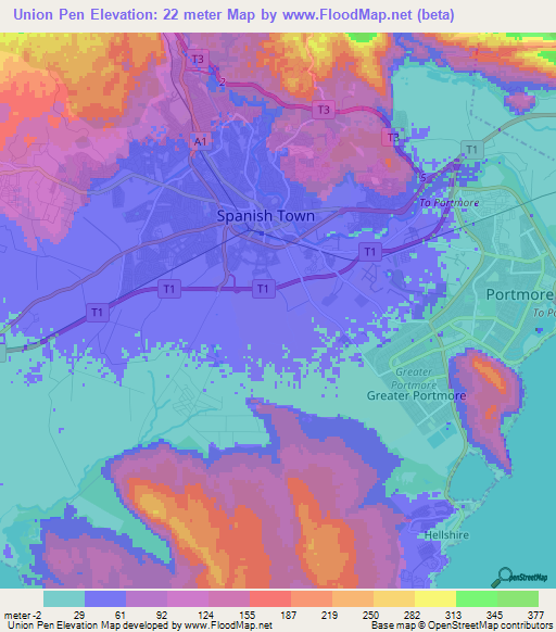 Union Pen,Jamaica Elevation Map