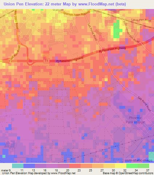 Union Pen,Jamaica Elevation Map