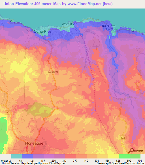 Union,Jamaica Elevation Map