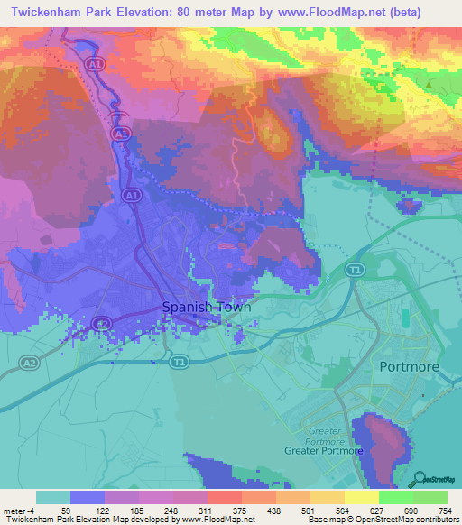 Twickenham Park,Jamaica Elevation Map
