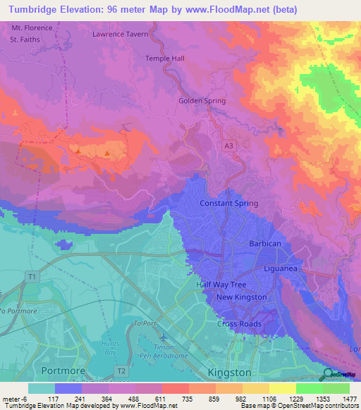 Tumbridge,Jamaica Elevation Map
