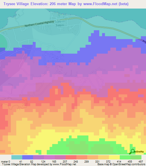 Trysee Village,Jamaica Elevation Map