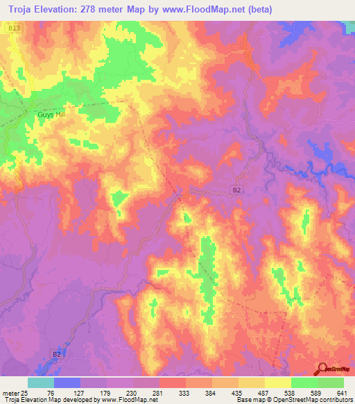 Troja,Jamaica Elevation Map