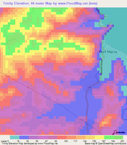 Trinity,Jamaica Elevation Map
