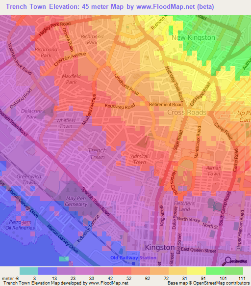 Trench Town,Jamaica Elevation Map